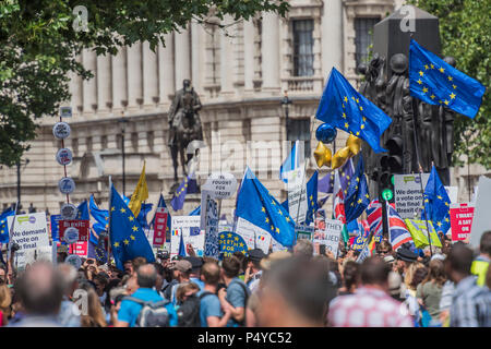 London, UK. 23rd June 2018. Marching down Whitehall - People’s March for a People’s Vote on the final Brexit deal.  Timed to coincide with the second anniversary of the 2016 referendum it is organised by anti Brexit, pro EU campaigners. Credit: Guy Bell/Alamy Live News Stock Photo