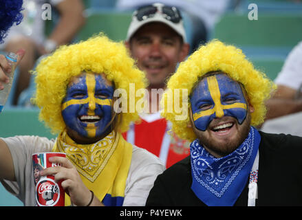 Sochi, Russia. 23rd June, 2018. Fans of Sweden are seen prior to the 2018 FIFA World Cup Group F match between Germany and Sweden in Sochi, Russia, June 23, 2018. Credit: Li Ming/Xinhua/Alamy Live News Stock Photo