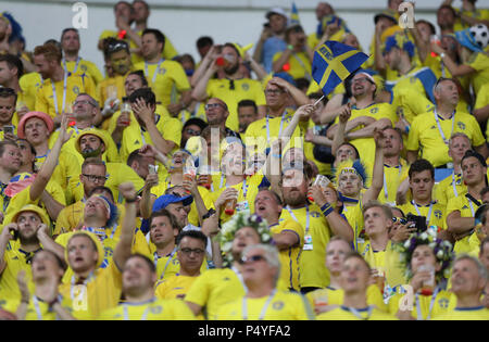Sochi, Russia. 23rd June, 2018. Fans of Sweden cheer prior to the 2018 FIFA World Cup Group F match between Germany and Sweden in Sochi, Russia, June 23, 2018. Credit: Lu Jinbo/Xinhua/Alamy Live News Stock Photo