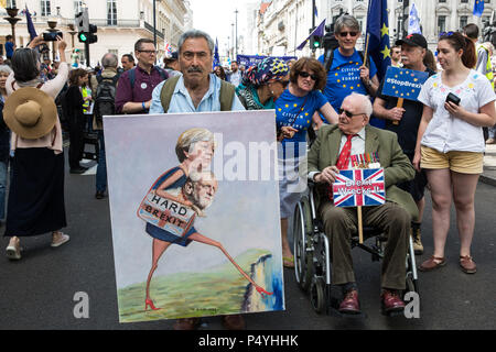 London, UK. 23rd June 2018. Satirical artist Kaya Mar (l) and Brigadier Stephen Goodall (r) prepare to take part with tens of thousands of people representing a coalition of pro-EU groups in a march through central London to call for a ‘People’s Vote’ on any Brexit deal proposed by the Government to manage its future relationship with the European Union. Credit: Mark Kerrison/Alamy Live News Stock Photo
