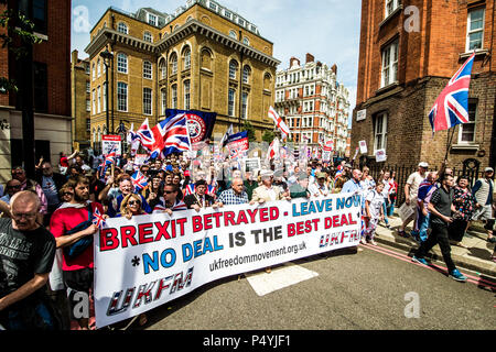London, UK. 23rd June, 2018. The head of the March to the Parliament. The UK Unity and Freedom March was a celebration of the vote to leave the European Union. Credit: SOPA Images Limited/Alamy Live News Stock Photo