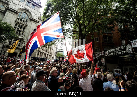 London, UK. 23rd June, 2018. Brexit supporters at the end of the march. The UK Unity and Freedom March was a celebration of the vote to leave the European Union. Credit: SOPA Images Limited/Alamy Live News Stock Photo