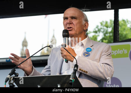 London, UK. 23rd June, 2018. Liberal Democrats leader Vince Cable speaks at People's Vote rally in Parliament Square in central London on a second anniversary of the Brexit referendum attended by one hundred thousand people. Demonstrators demand that the final terms of the Brexit deal negotiated by the government are put before British citizens in a public vote. Credit: Wiktor Szymanowicz/Alamy Live News Stock Photo