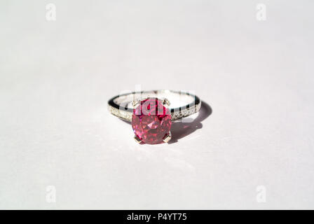 Pink lavender colored Spinel stone ring in white gold, spinel was often mistaken as sapphire stone for decades Stock Photo