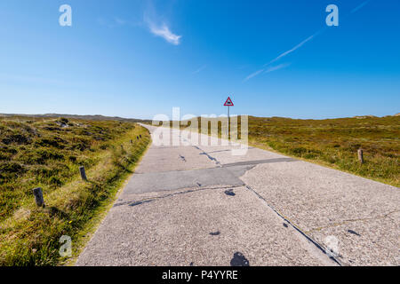 Germany, Schleswig-Holstein, Sylt, empty road, traffic sign, cattle crossing Stock Photo