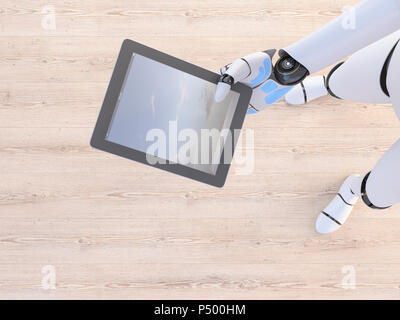 Robot holding tablet in his hand, 3d rendering Stock Photo
