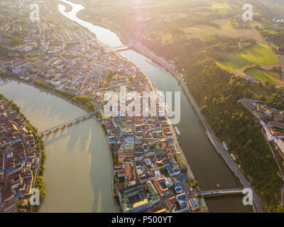 Germany, Bavaria, Passau, city of three rivers, Aerial view of Danube and Inn river Stock Photo