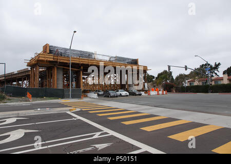 The Mid-Coast Trolley extension under construction in San Diego, California's University Town Center and UCSD region. June 23, 2018. Stock Photo