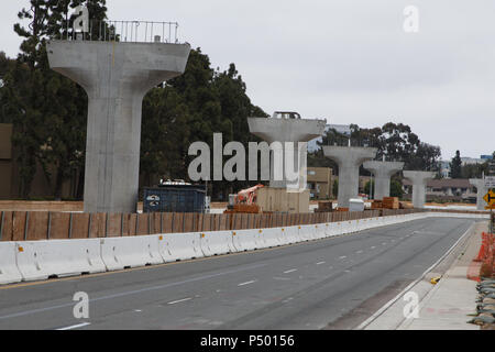 The Mid-Coast Trolley extension under construction in San Diego, California's University Town Center and UCSD region. June 23, 2018. Stock Photo