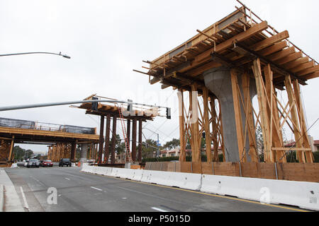 The Mid-Coast Trolley extension under construction in San Diego, California's University Town Center and UCSD region. June 23, 2018. Stock Photo