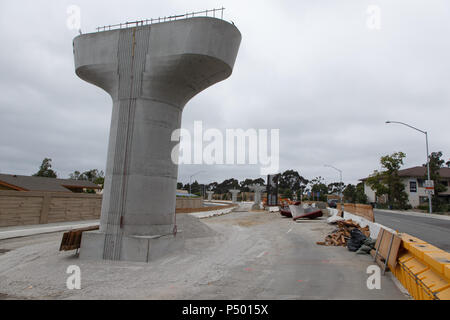 The Mid-Coast Trolley extension under construction in San Diego, California's University Town Center and UCSD region. June 23, 2018. Stock Photo