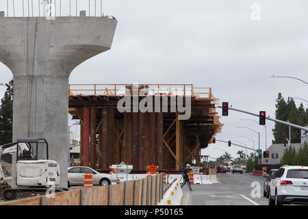 The Mid-Coast Trolley extension under construction in San Diego, California's University Town Center and UCSD region. June 23, 2018. Stock Photo