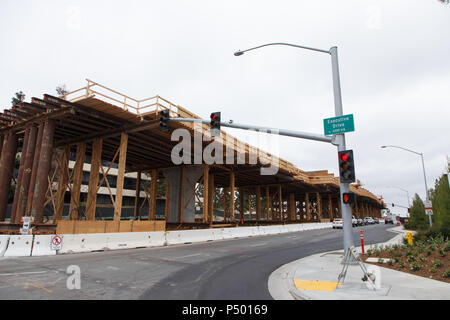 The Mid-Coast Trolley extension under construction in San Diego, California's University Town Center and UCSD region. June 23, 2018. Stock Photo