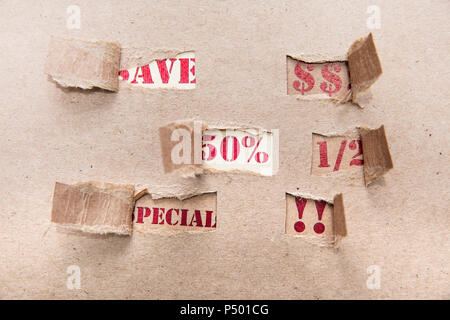 Sale, brown paper, special, save, 50 percent, US-Dollar Stock Photo