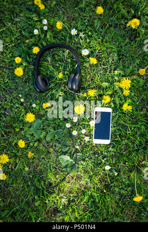 Headphones and smartphones on flower meadow Stock Photo