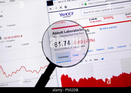 MONTREAL, CANADA - JUNE 22, 2018: Abbott Laboratories ticker - ABT with charts under magnifying glass on Yahoo Finance. Stock Photo