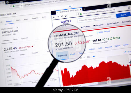 MONTREAL, CANADA - JUNE 22, 2018: Facebook FB ticker with shares price and charts under magnifying glass on Yahoo Finance. Stock Photo