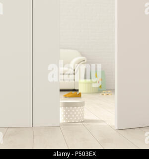 Modern living room behind ajar door, 3d rendering Stock Photo