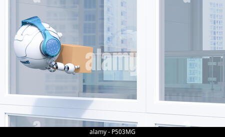 Robotic drone delivering cardboard box, 3d rendering Stock Photo