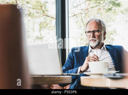 Mature businessman sitting at table in a cafe using laptop Stock Photo