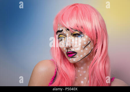 Pop Art portrait of a woman with a pink wig, looking sad