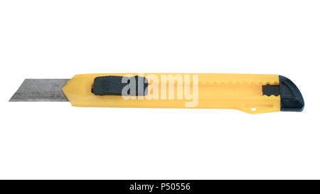 Yellow box cutter knife isolated on white background closeup. Stock Photo