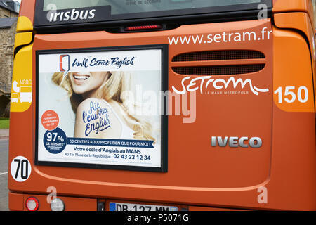 Wall Street English Advertising Posters On The Rear Of A Local Gold Coloured Bus In Le Mans France Stock Photo Alamy