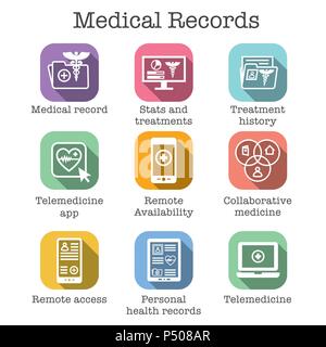 Telemedicine and Health Records Icon Set w Caduceus, file folders, computers, etc Stock Vector