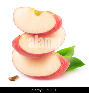 Isolated apple wedges. Three pieces of red apple fruit on top of each other isolated on white background with clipping path Stock Photo