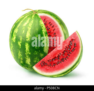 Isolated watermelon fruit. One whole watermelon with a cut out slice isolated on white background with clipping path Stock Photo