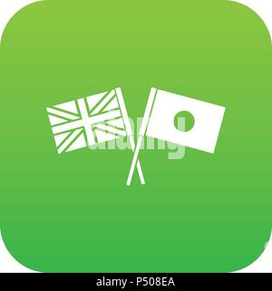 UK and Japan flags crossed icon digital green Stock Vector