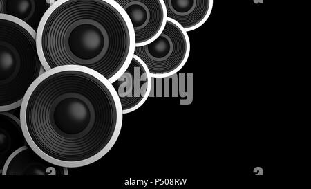 Music concept. Multiple various size black sound speakers on black background, copy space. 3d illustration Stock Photo