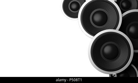 Music concept. Multiple various size black sound speakers on white background, copy space. 3d illustration Stock Photo