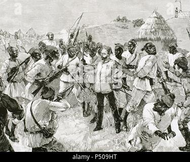 Sudanese soldiers turned against M. Jephson and Emin Pasha in Dufile, after reading the letter of the Khedive to officials' council, authorizing Stanley's mission and the evacuation of provinces of the Sudan on the part of the Egyptian authorities. Year 1888. Engraving, 1890. Stock Photo