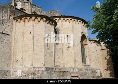 Art romanesque. The Royal Benedictine Monastery of Sant Cugat. I was build betwenn the IX and XIV centuries. View of the apsis. Sant Cugat del Valles. Barcelona Province. Catalonia. Spain. Stock Photo