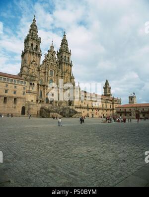 Spain. Galicia. Santiago de Compostela. Obradoiro Square. Cathedral. Baroque facade. 18th century. Stock Photo