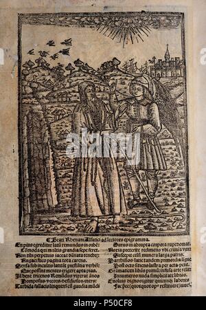 Ramon Llull (1235-1316). Spanish writer and philosopher. Blanquerna, ca. 1293. Engraving of the back cover with Llull and a disciple. Beati Rhenani Alfatici ad lectores epigramma. Folio in Latin. Stock Photo