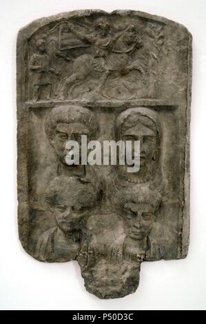 Thracian culture. Marble funerary relief depicting a family of Macedonia. Dated first half of the third century A.D. Museum of Fine Arts. Budapest. Hungary. Stock Photo