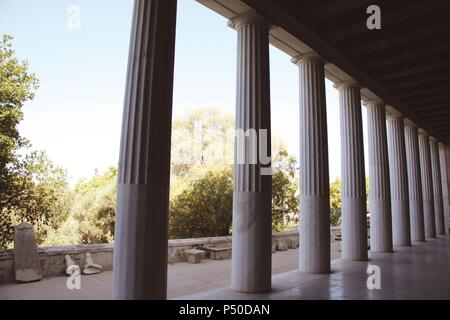 Greek Art. The Stoa of Attalos (Atallus). It was built by and named after King Attalos II of Pergamon who ruled between 159 BC and 138 BC. In the years 1953-1956 the Stoa was reconstructed. Ancient Agora from Athens. Central Greece. Attica. Europe. Stock Photo