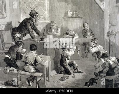 DISORDER IN SCHOOL. Engraving  by Paris in 1878. Stock Photo