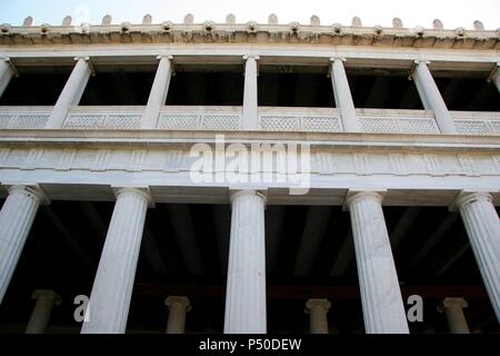 Greek Art. The Stoa of Attalos (Atallus). It was built by and named after King Attalos II of Pergamon who ruled between 159 BC and 138 BC. In the years 1953-1956 the Stoa was reconstructed. Ancient Agora from Athens. Central Greece. Attica. Europe. Stock Photo