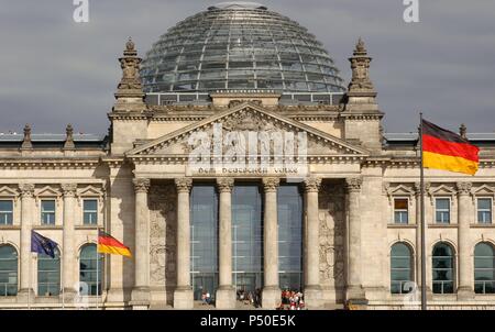 Germany. Berlin. German Parliament in the Reichstag building. 1884-1894. Built by Paul Wallot and rebuilt by Norman Foster between 1992-1999. Exterior. Stock Photo