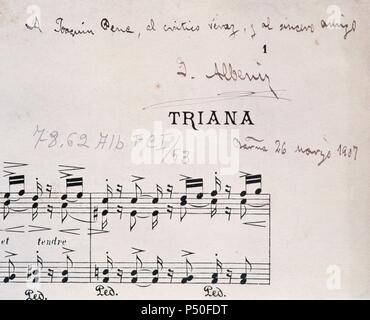 ALBENIZ, Isaac (CamprodU^n, 1860-Cambo-les-Bains,1909). Spanish composer and pianist. 'Suite Iberia' (TRIANA). Sheet music dedicated to Joaquin Pena, friend and critic, in Barcelona on 26 March 1907. Stock Photo