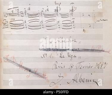 ALBENIZ, Isaac (CamprodU^n, 1860-Cambo-les-Bains,1909). Spanish composer and pianist. THE ALHAMBRA. N. 1 La Vega. (end of the work). Manuscript signed in Paris, February 1897. Stock Photo