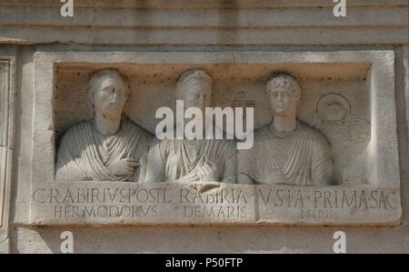 Roman Art. The Appian Way. Funerary monument.  Tomb of Rabiri. Relief of priestess of Isis and deceaseds. 1st century A.D. Rome. Italy. Stock Photo