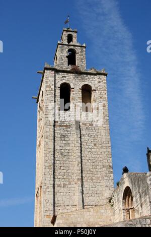 Art romanesque. The Royal Benedictine Monastery of Sant Cugat. Built betwenn the 9th and 14th centuries. View of the bell tower. Sant Cugat del Valles.  Catalonia. Spain. Stock Photo