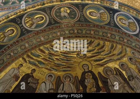 BYZANTINE ART. CROATIA. Euphrasian Basilica. Byzantine church built in the sixth century. Mosaic with Virgin and child flanked by angels and Bishop Euphrasius (left) holding the model of the church. World Heritage Site by UNESCO in 1997. POREC. Istrian Peninsula. Stock Photo