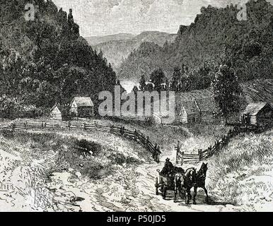 Canadian landscape in the eighteenth century. Nineteenth-century engraving. Stock Photo