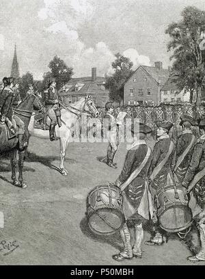 United States. American War of Independence (1775-1783). Declaration of Independence: General Washington's army in New York on July 9, 1776. Engraving by Howard Pyle, 1892. Stock Photo