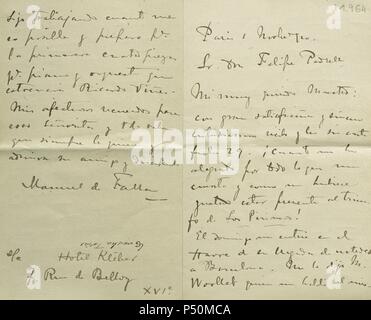 Correspondence between the Andalusian composer Manuel de Falla (1876-1946) and the Catalan composer Felipe Pedrell (1841-1922), during the stay of Falla in Paris in 1913. Library of Catalonia. Barcelona, Catalonia, Spain. Stock Photo